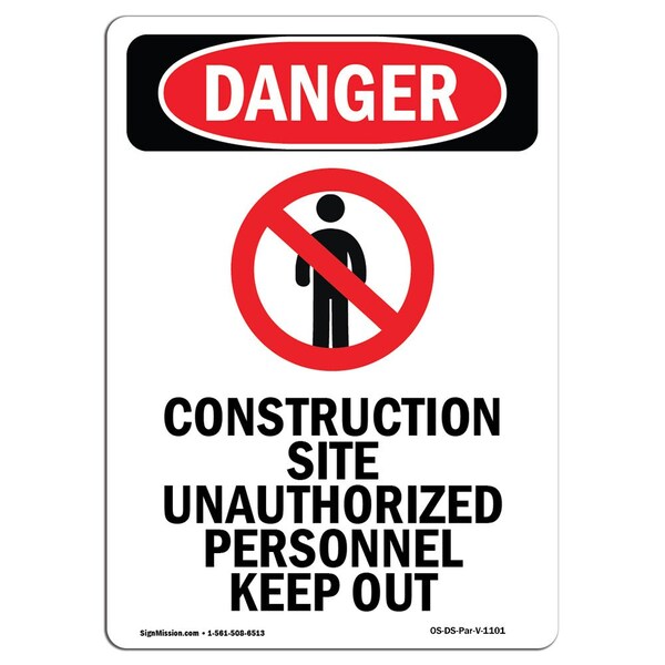 Safety Sign, OSHA Danger, 5" Height, Construction Site, Portrait, 10PK